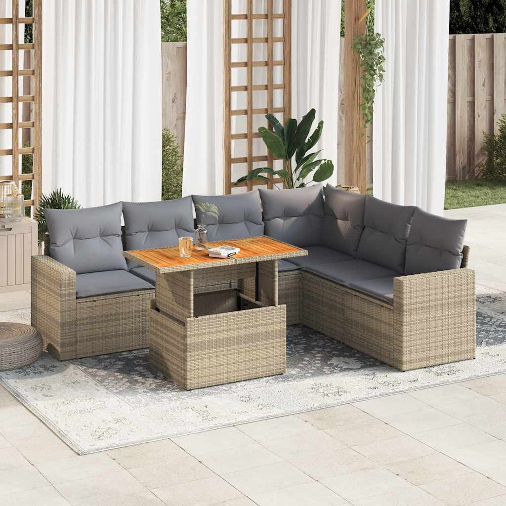 VidaXL 7-delige Loungeset met kussens poly rattan beige