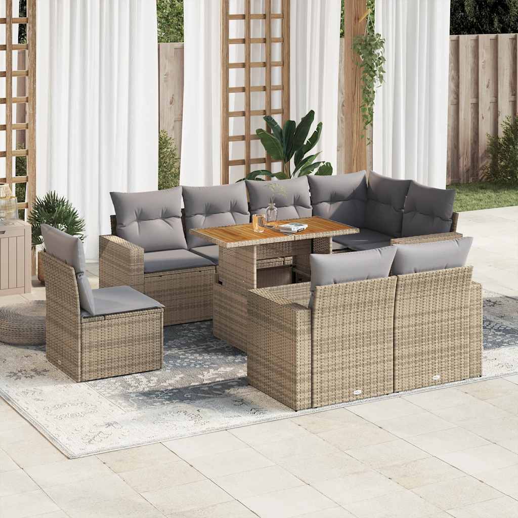 VidaXL 9-delige Loungeset met kussens poly rattan beige