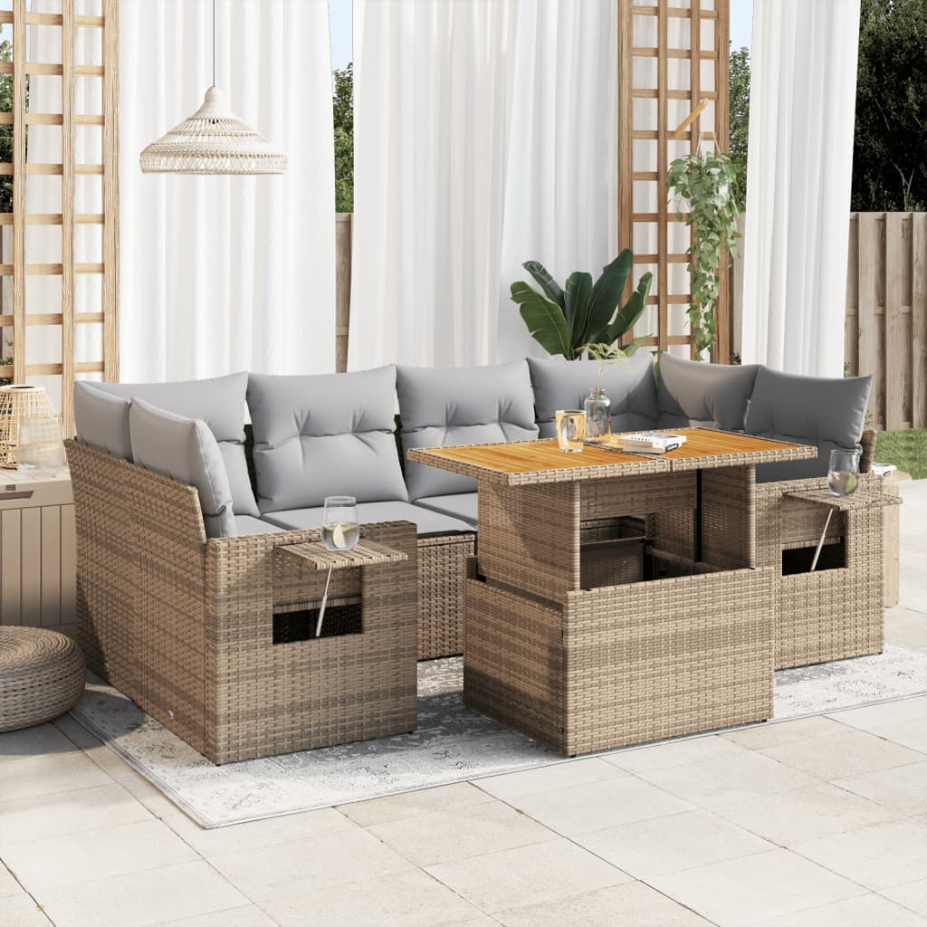 VidaXL 7-delige Loungeset met kussens poly rattan beige