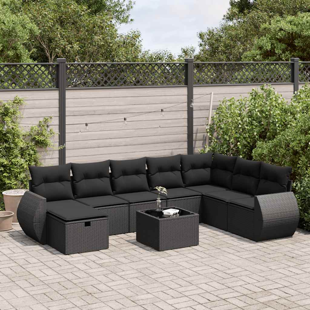 VidaXL 9-delige Loungeset met kussens poly rattan zwart