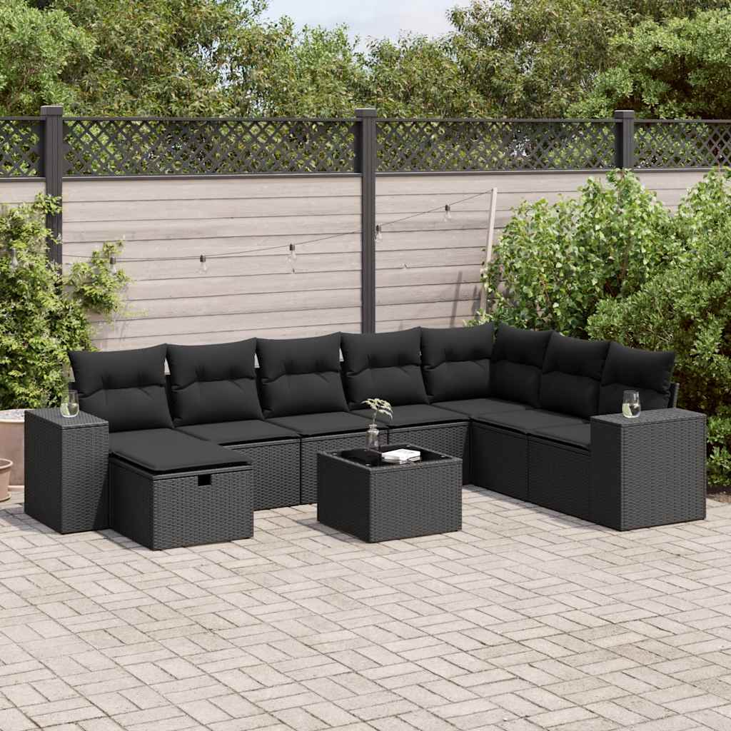 VidaXL 9-delige Loungeset met kussens poly rattan zwart