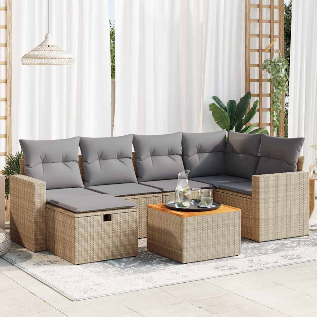 VidaXL 7-delige Loungeset met kussens poly rattan beige