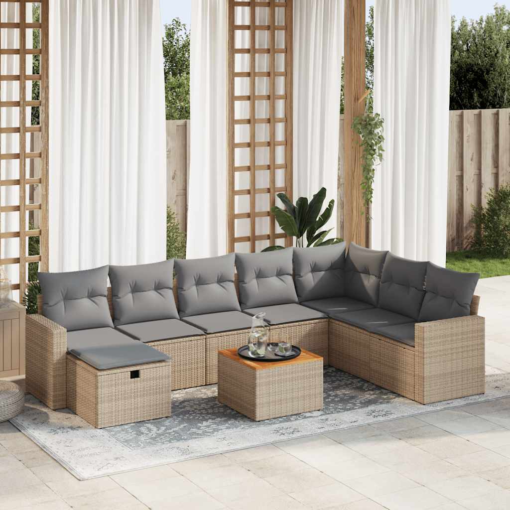 VidaXL 9-delige Loungeset met kussens poly rattan beige