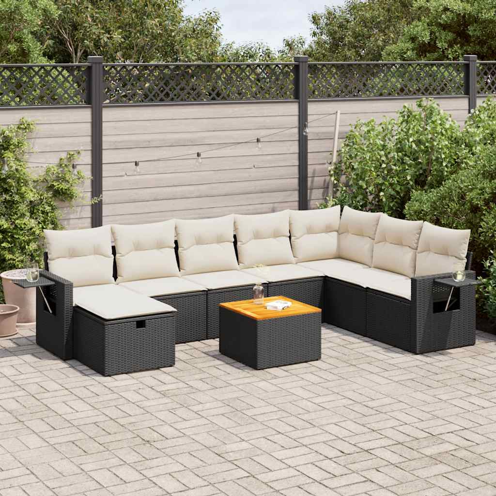 VidaXL 9-delige Loungeset met kussens poly rattan zwart