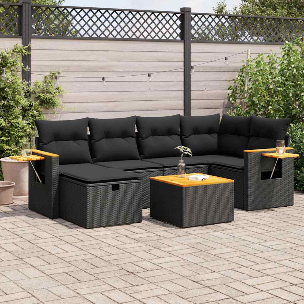 VidaXL 7-delige Loungeset met kussens poly rattan zwart