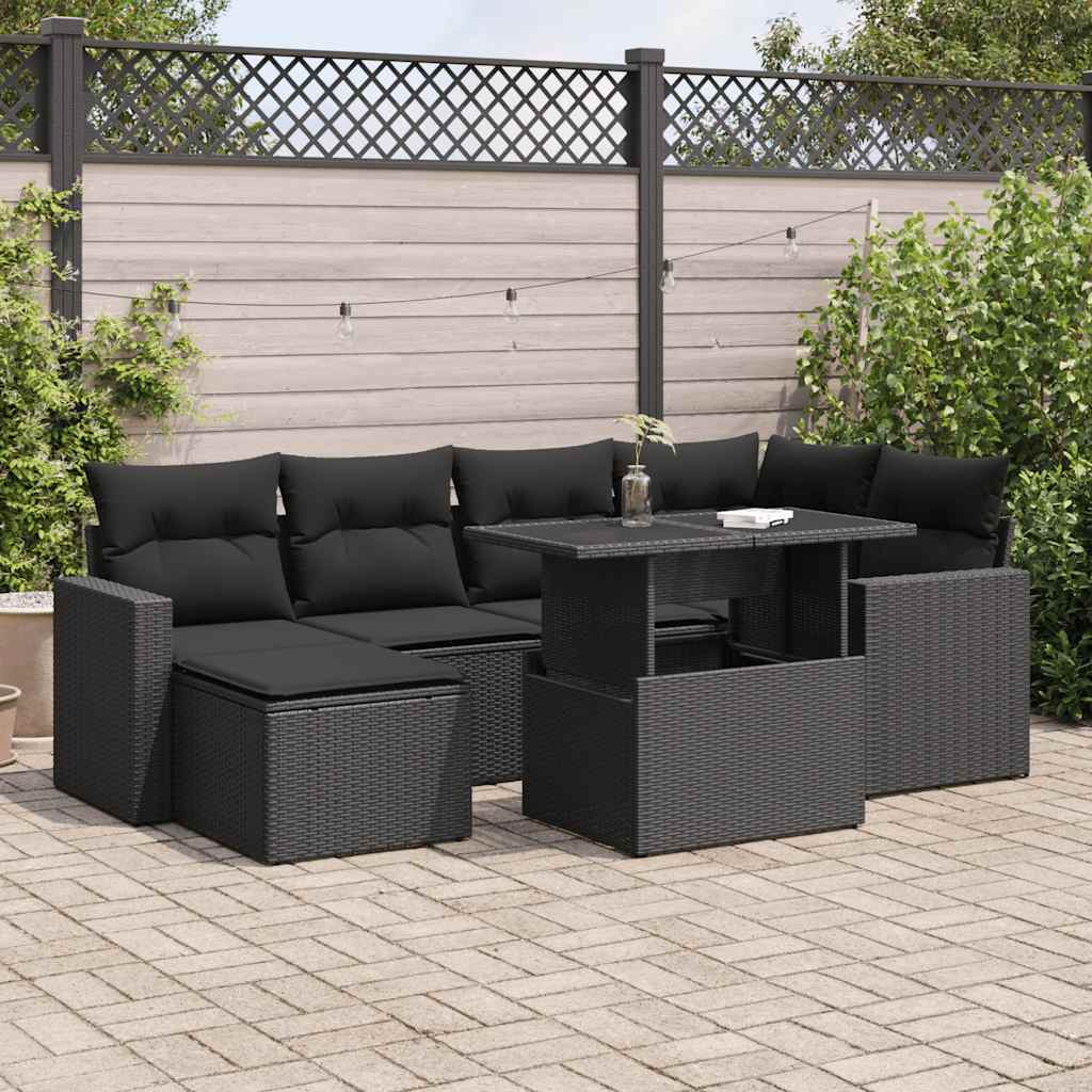 VidaXL 7-delige Loungeset met kussens poly rattan zwart