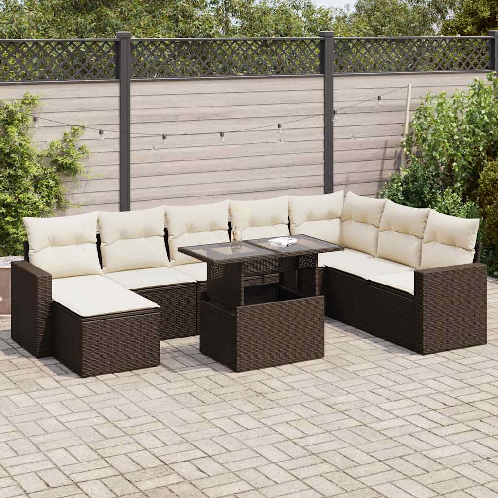 VidaXL 9-delige Loungeset met kussens poly rattan bruin