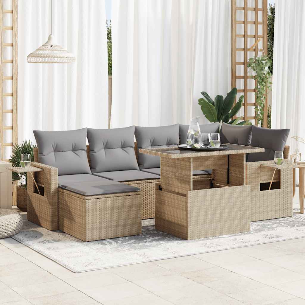 VidaXL 7-delige Loungeset met kussens poly rattan beige