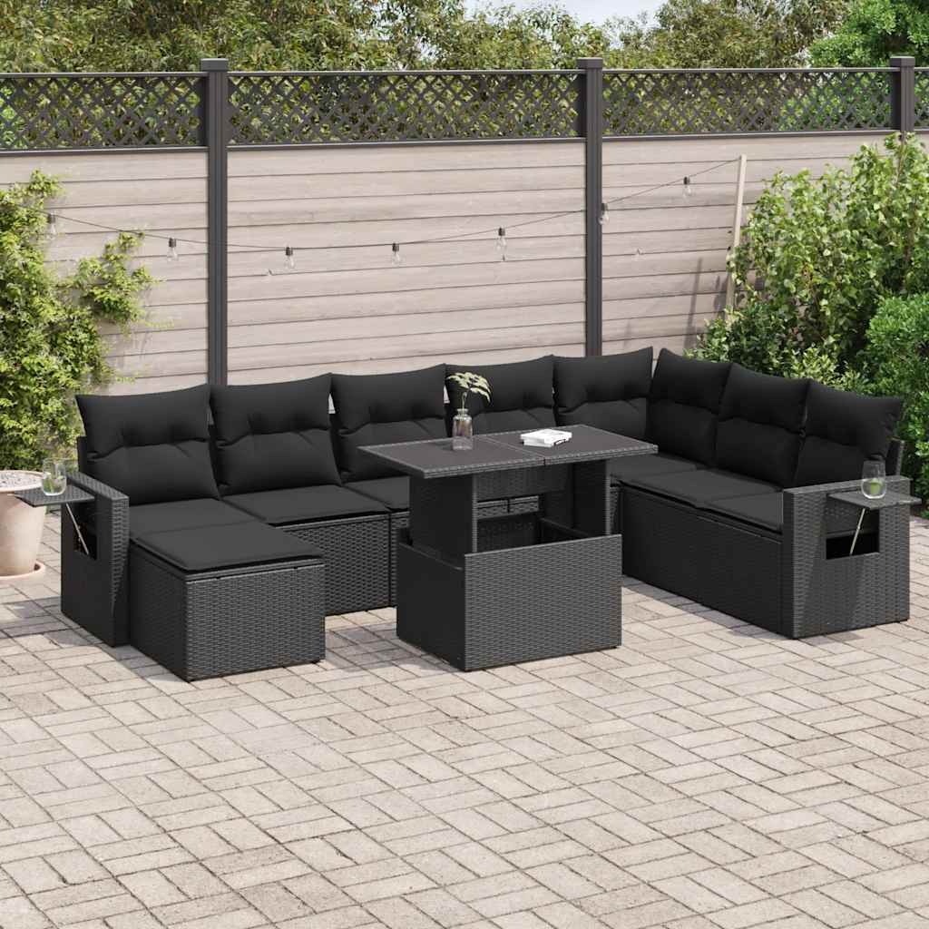 VidaXL 9-delige Loungeset met kussens poly rattan zwart