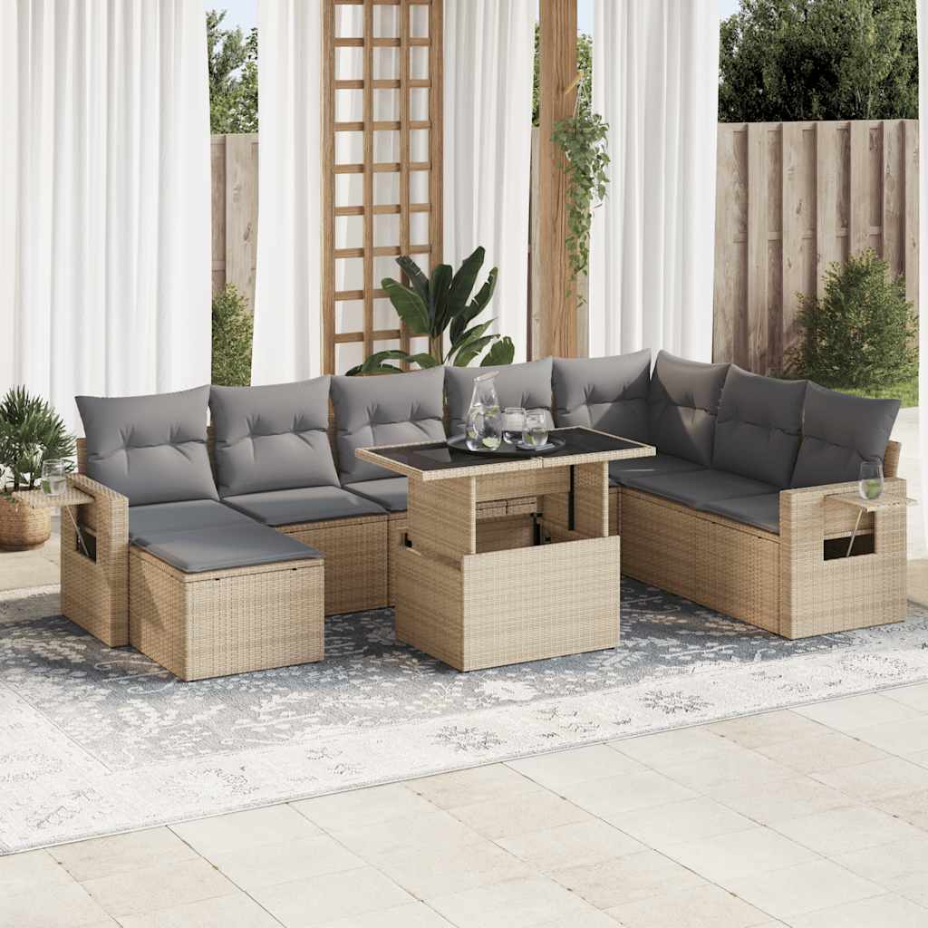 VidaXL 9-delige Loungeset met kussens poly rattan beige