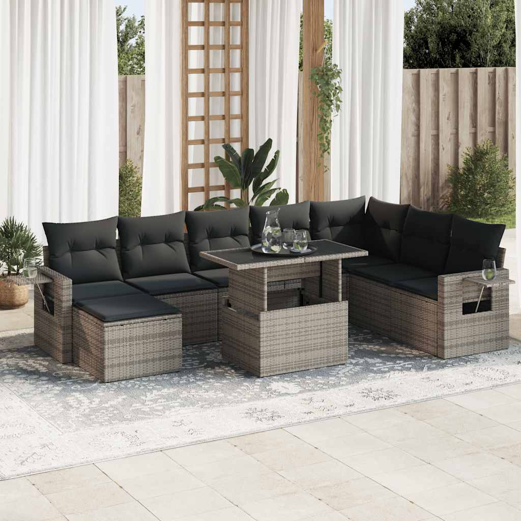 VidaXL 9-delige Loungeset met kussens poly rattan grijs