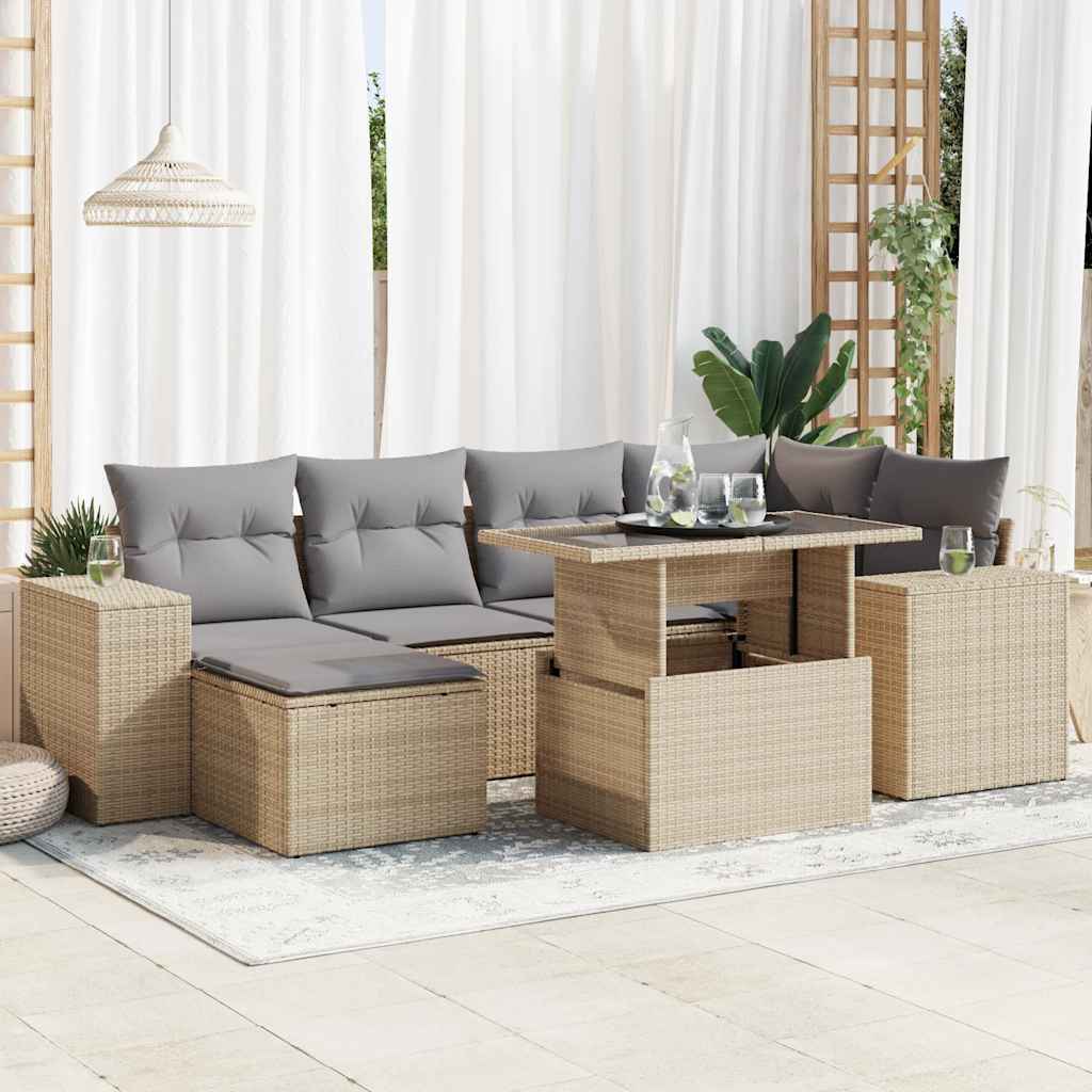 VidaXL 7-delige Loungeset met kussens poly rattan beige