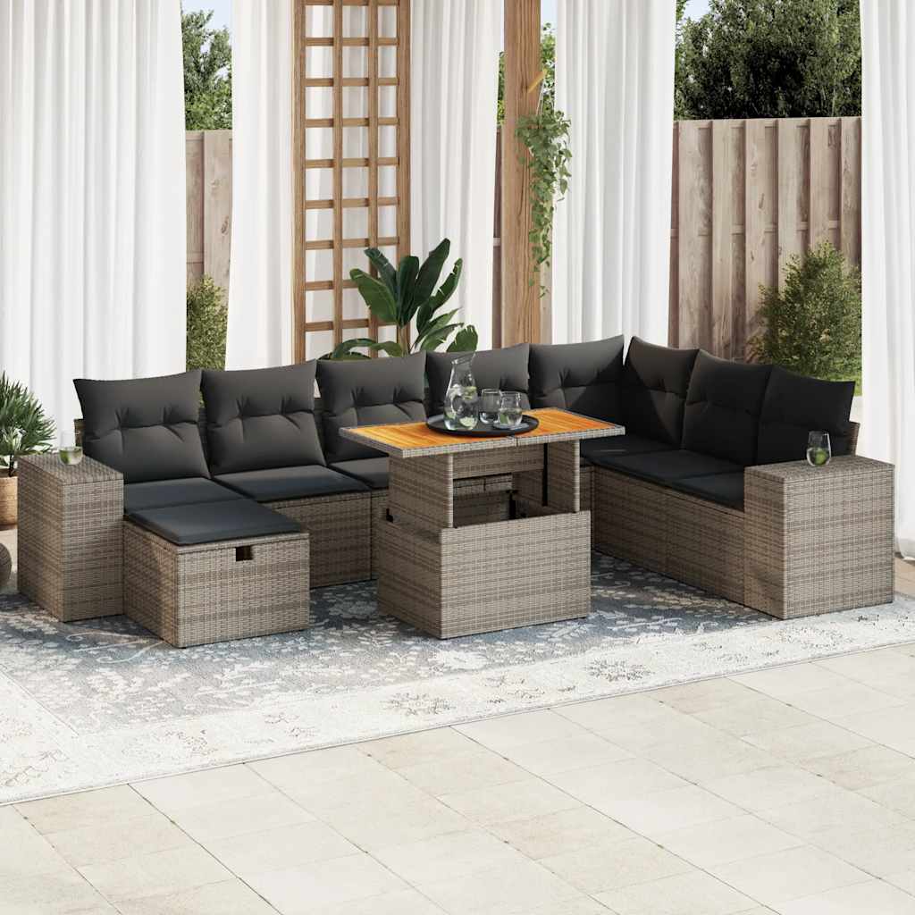 VidaXL 9-delige Loungeset met kussens poly rattan acacia grijs