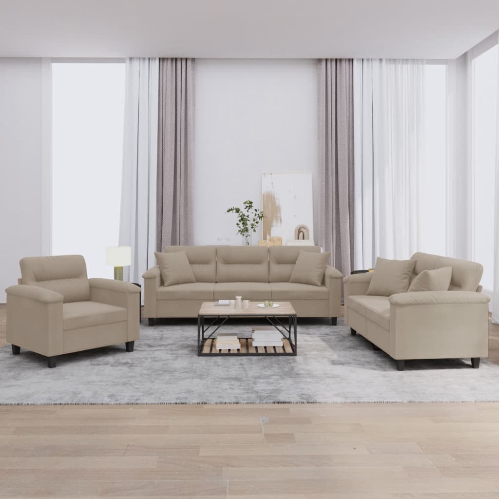 vidaxl 3-delige Loungeset met kussens microvezelstof taupe